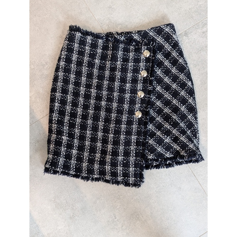 Massimo Dutti Navy White Plaid Tweed Mini Skirt Gold Buttons Size 8 5240
